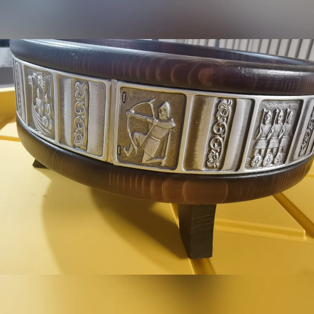 Vintage Hardanger Tredesign Norwegian Wood Bowl w/feet Pewter Viking Folk Art - Picture 2 of 9